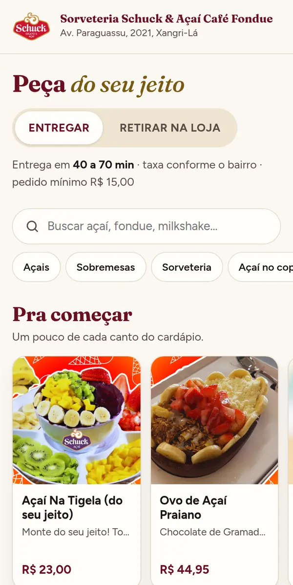 Cardápio online da Schuck Gelato & Açaí no celular