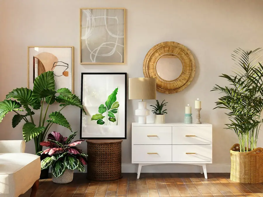 Sala clara com sofá, quadros e muitas plantas