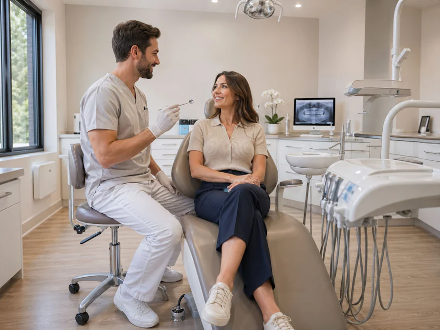 Dentista conversando com paciente sentada na cadeira do consultório
