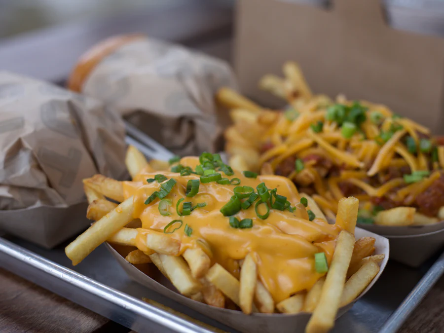 Fritas com queijo derretido e cebolinha